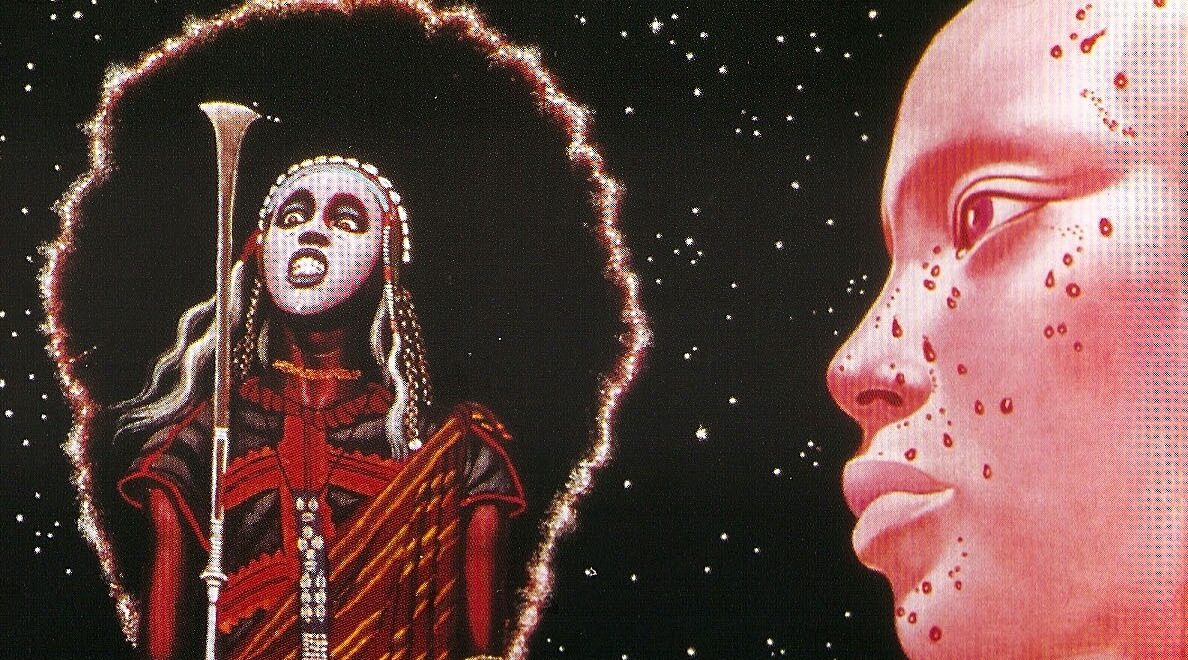 Painted image of spectral woman and a woman in profile.