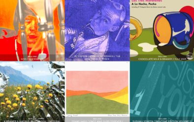 A 3x2 grid of six colorful blog post thumbnails from Ban Ban Ton Ton, dated July 2025. Top row (left to right): a distorted red-toned image of a man behind an hourglass with the title "God Only Knows" (July 11), a purple-toned photo of Mixmaster Morris titled "Interview / Mixmaster Morris / The Irresistible Force" (July 10), and a stylized drawing of tipped-over mugs titled "Chocolate Milk & Brandy / July 2025" (July 9). Bottom row: a photo of yellow flowers and mountain peaks captioned "N Kramer & Magnus Bang Olsen / Pastoral Blend / Music from Memory" (July 8), a minimal print of rolling hills titled "Jonny Nash / Once Was Ours Forever / Melody as Truth" (July 7), and a teal close-up of a box set reading "Susumu Yokota / Skintone Edition Volume 1 / Lo Recordings" (July 4).