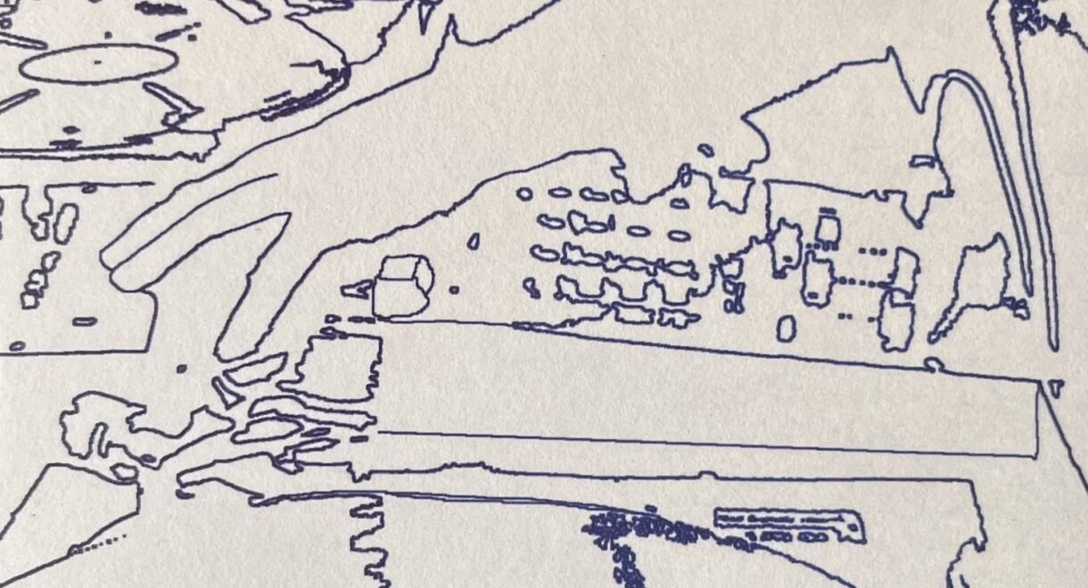 Line-drawn image of a DJ setup, showing a hand reaching over a mixer, with turntables and audio equipment surrounding it. The illustration captures the outlines and contours of the gear in a minimal, abstract style, emphasizing cables, knobs, and faders.
