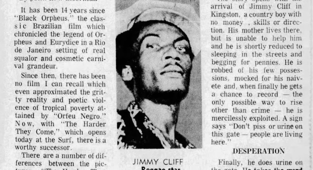 Newspaper clipping of Jimmy Cliff from 1972