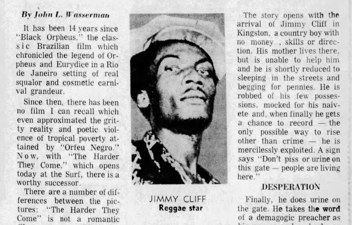 Newspaper clipping of Jimmy Cliff from 1972