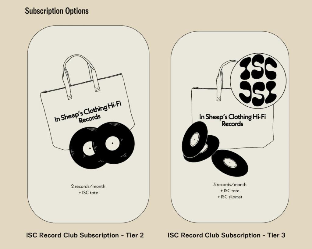 Graphic comparing ISC Record Club subscription options, showing Tier 2 with two records per month and an ISC tote, and Tier 3 with three records per month plus an ISC tote and slipmat, illustrated with tote bags and vinyl records on a neutral background.